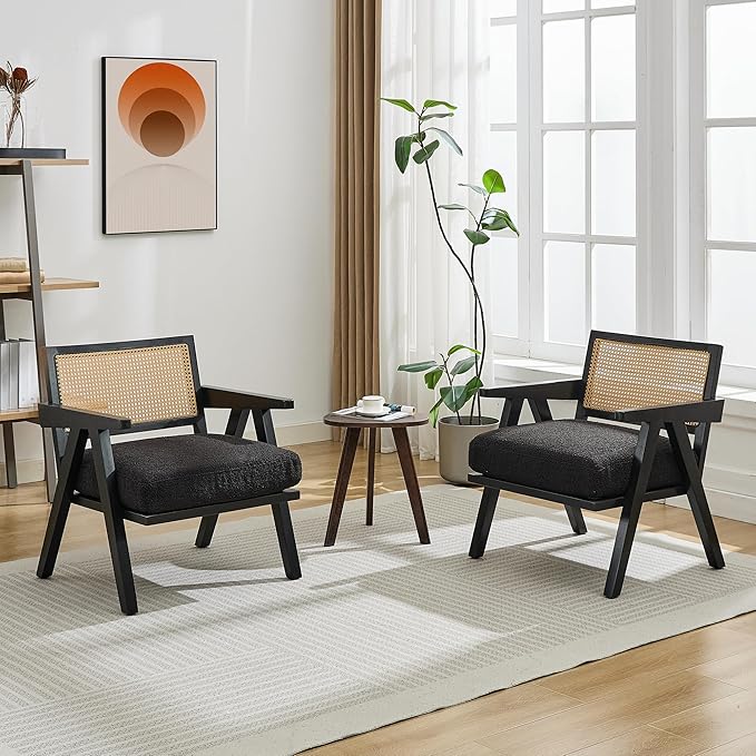 Mid Century Modern Accent Chair Comfy Living Room Chairs with Sturdy Wood Legs Rattan Backrest &amp Beige Thick Linen Cushion Armchair for Bedroom Balcony Apartment Black