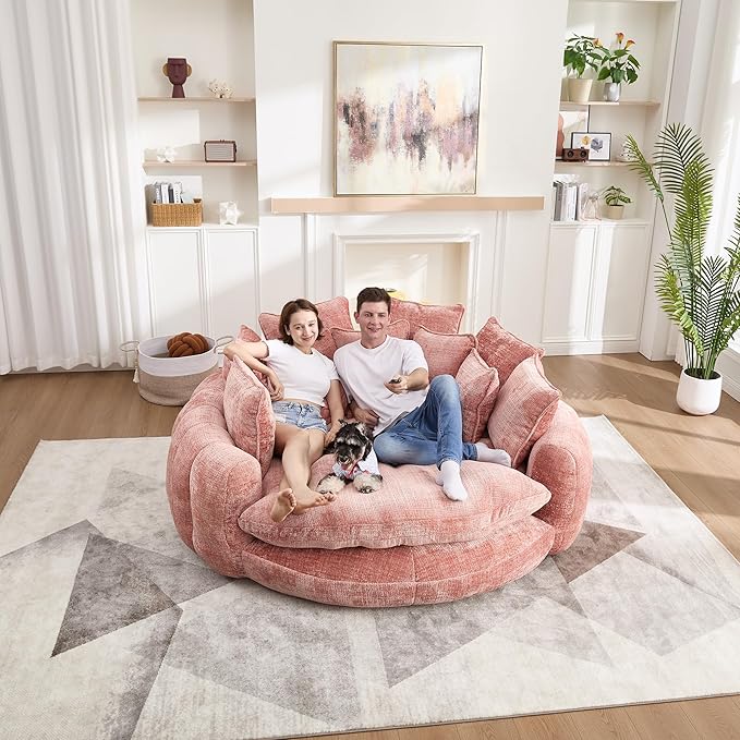 81 Round Sofa Bed Big Bean Bag Round Chaise Lounge Oversized Round Couch Boneless Reading Chair Plush Fluffy Chenille Large Chaise Chair for Living Room Bedroom Apartment Pink