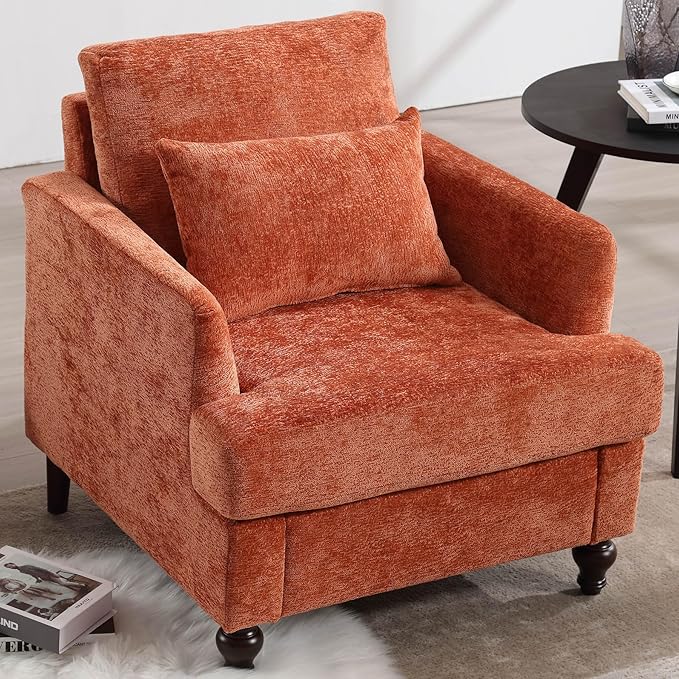 Oversized Accent Chair with Lumbar Pillow Upholstered Side Chairs for Living Room Bedroom Comfy Reading Chairs for Adults with Wide Seat Thick Cushion Soft Chenille (Dark Orange)