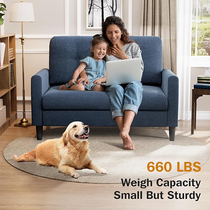 Vipbear 50 Small Loveseat Sofa Small Couch for Living Room Bedroom Office Comfy Love Seat with Deep Seat Spring Cushion Solid Wood Frame Tool-Free Assembly Navy Blue Chenille