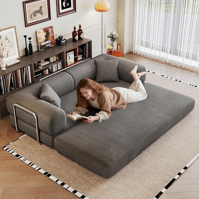 Convertible Sleeper Sofa Bed with Cylindrical Pillow 79 Inch Oversized Corduroy Upholstered Boneless CouchLove Seat Floor Sofas Living RoomSmall Space ApartmentOffice (Grey)