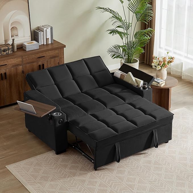 65 Sleeper Sofa Bed Loveseat Convertible Couch for Living Room RV Sofa with Adjustable Backrest Chaise Lounge Side Table USB &amp Type-C Ports