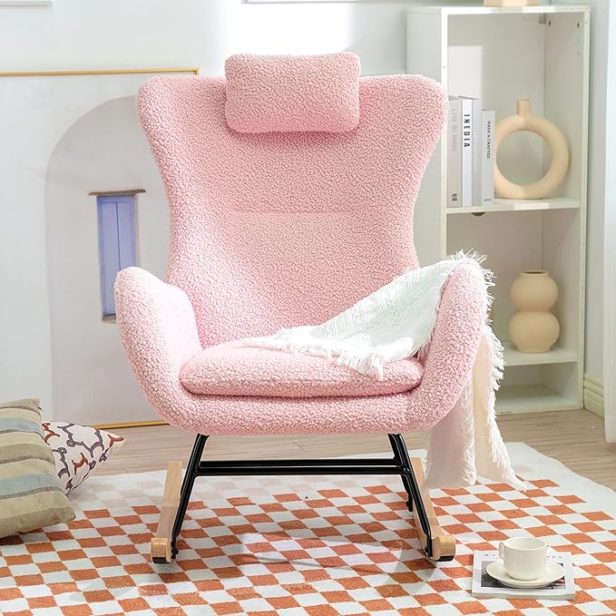 Rocking Chair with Rubber Leg and Cashmere Fabric Suitable for Living Room and Bedroom