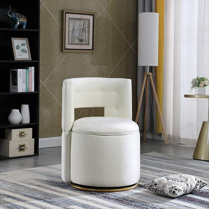 360° Swivel Accent Chair with Hide Storage FunctionModern Velvet Curved Barrel Chair with Gold Metal Base Back Vanity Chair for Living Room NurseryBedroom Upholstered Leisure Chair (Beige)