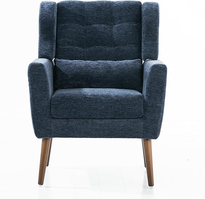 Modern Accent Chair Upholstered Foam Filled Living Room Chairs Comfy Reading Chair Mid Century Modern Chair with Chenille Fabric Lounge Arm Chairs Armchair for Living Room Bedroom (Dark Blue)