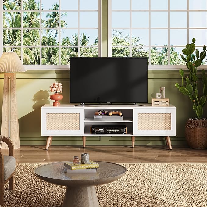 WLIVE TV Stand for 65 Inch TV 58 Boho Entertainment Center TV Stand for Living Room TV Console with 2 Storage Cabinets White