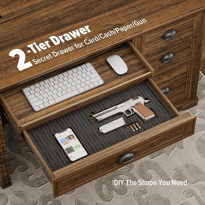 Computer Desk with Monitor Stand 47 in Farmhouse Home Office Desk with LED Lights Power Outlets Executive Desk with Storage for Working Gaming Study Writing Table for Bedroom Walnut