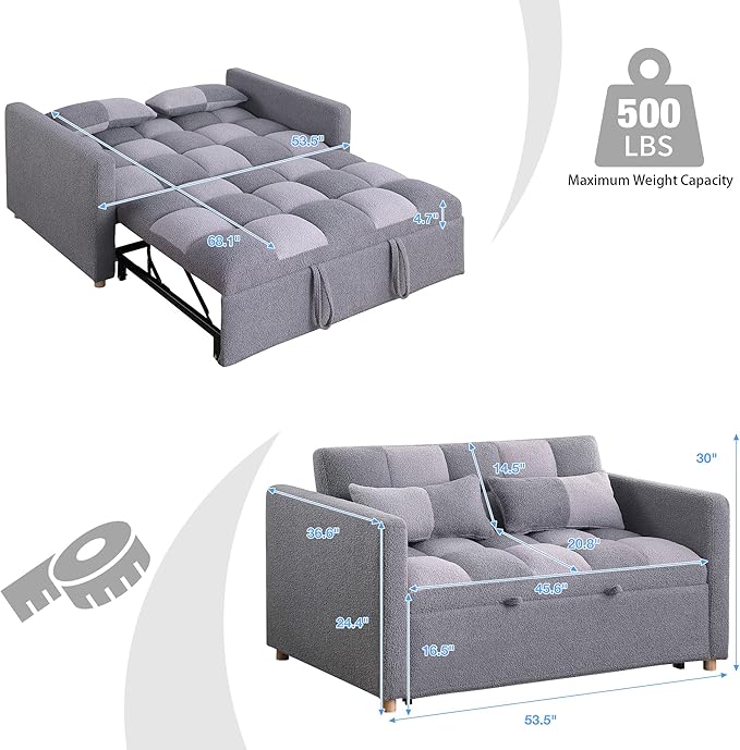 Sleeper Loveseat Pullout Sofa Bed 3 in 1 Convertible Couch Bed Pull Out Sofabed with 2 Pillows Adjustable Backrest Teddy Fabric Grey