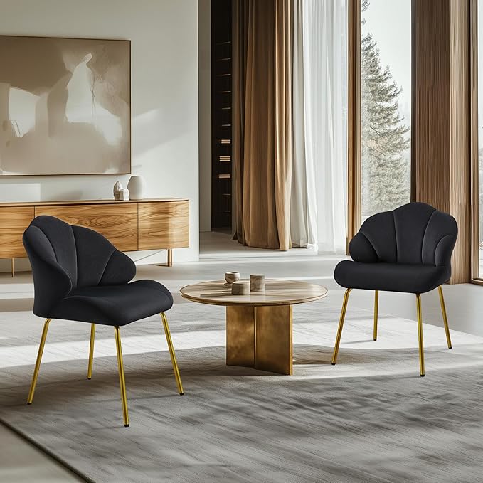 Yaheetech Vanity Chair Velvet Accent Chair with Shell-Shaped Backrest Modern Armchair with Gold Metal Legs for Dressing Room/Bedroom/Living Room Black
