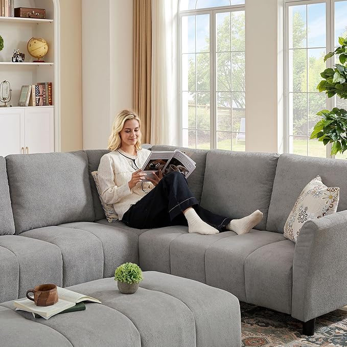 Sectional Sofa with Ottoman 102'' L Shaped Couch Set Modern 6 Seater Sectional Corner Couch with Back CushionsUpholstered Couches for Living Room Apartment Office Light Grey