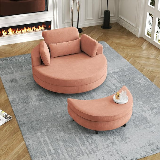 51-Inch Orange Corduroy Sofa Lounge Chair with 2 Throw Pillows 1 Waist Pillow 1 Extra Storage Tray for Comfortable Seating in Small Apartment Bedrooms Living Room