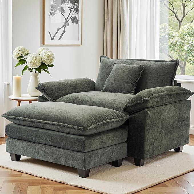 Winterstorm Chenille Oversized Chair with Ottoman - 44 W Large Comfy Accent Chair and Ottoman Set Modern Single Cloud Chaise Lounge for Indoor Living Room (Green)