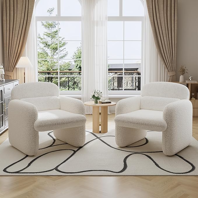 Furniliving 30.5 Accent Chair Modern Chenille Fabric Armchair for Living Room Comfy Upholstered Reading Accent Chairs for Bedroom Single Sofa Chair with Wood Legs White