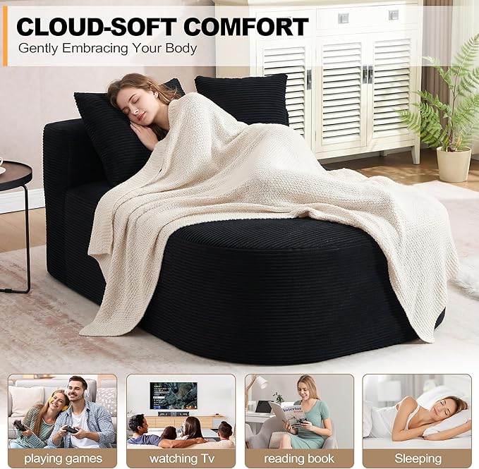 Boneless CouchComfy Fluffy Sofa BedUpholstered Sleeper Sofa with Throw Pillows and ArmrestsCorduroy Plush Cloud Lounge Chair (Black 67 Boneless Couch)
