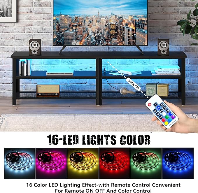Clikuutory Modern Black 71 inch Metal TV Stand with LED Lights and Power Outlets for 50 60 65 70 75 80 Inch TVs 3 Tier Television Stands with Entertainment Center and Storage for Living Room Bedroom