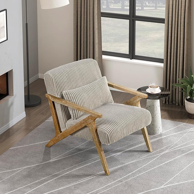 Lexicon Mid Century Modern Accent-Chair with Lumbar Pillow Brown Solid Wood Frame Comfy Corduroy Upholstered Lounge Arm Chair for Living Room/Bedroom/Office/Reading Nook Assembly Required Taupe
