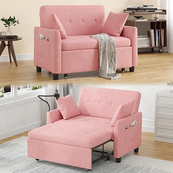 3 in 1 Convertible Pull Out Sleeper Couch Sofa Bed Small Loveseat Futon Bed 46 Velvet Love Seat with Pillow and Phone Holder for Living Room Pink