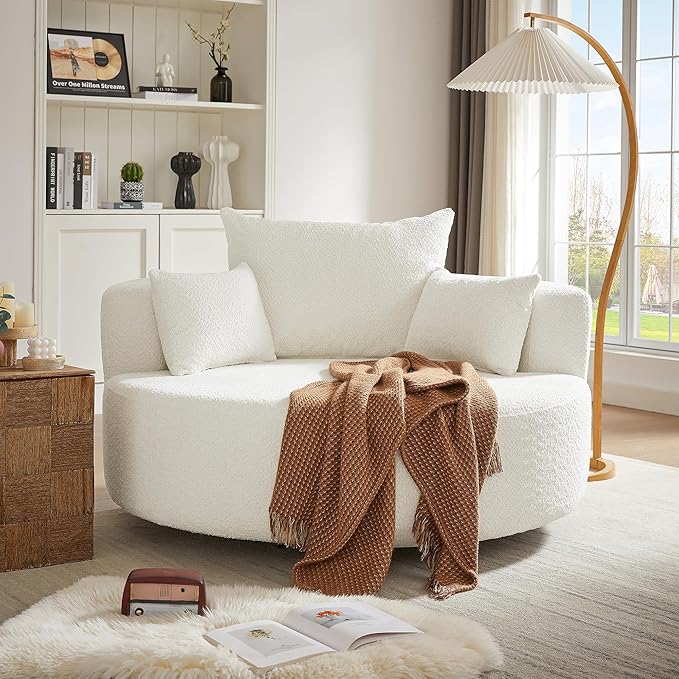 360° Swivel Chair Accent Barrel Chair Swivel Round Sofa Chair with 3 Removable Pillows for Living Room Bedroom Office and Hotel (Beige@80)