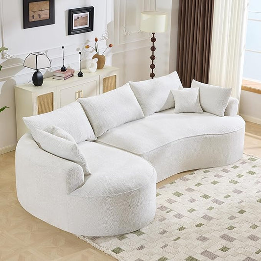 Modern 124.5 Compressed Boneless White Chenille Fabric Arc Sectional Sofa with 7 Pillows - No Assembly Curved Living Room Couch for Contemporary Spaces