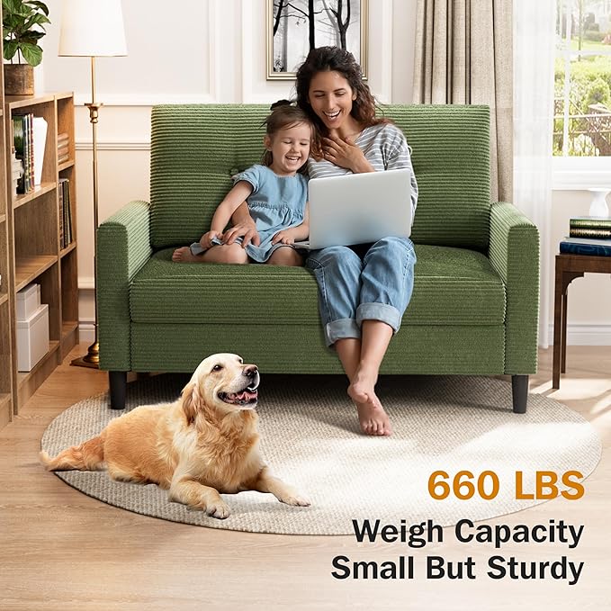 Vipbear 50 Small Loveseat Sofa Small Couch for Living Room Bedroom Office Comfy Love Seat with Deep Seat Spring Cushion Solid Wood Frame Tool-Free Assembly Green Corduroy