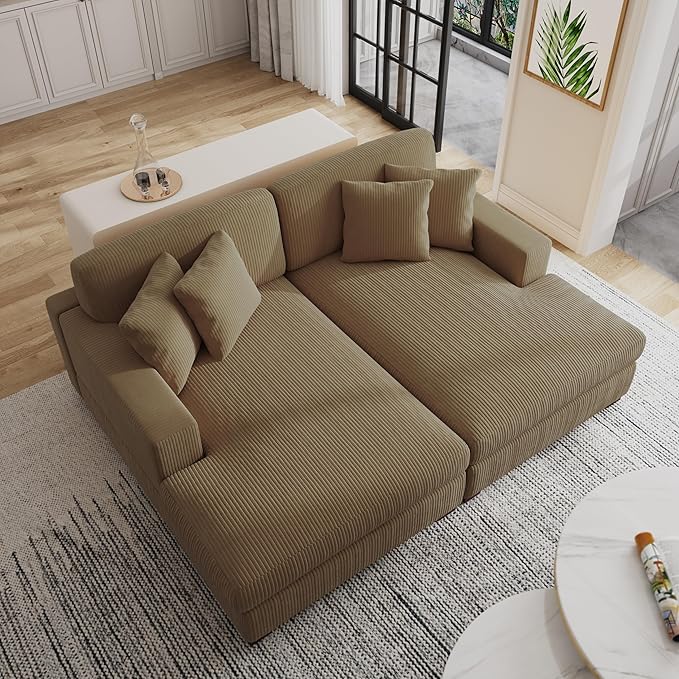 82.6 W Oversized Double Chaise Lounge Sofa Couch Comfy Corduroy Sleeper Sofa Bed with Deep Seat Modern Upholstered Cloud Couch with Pillows for Living Room Camel