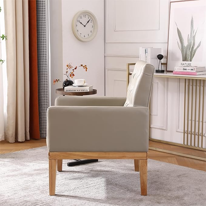 PU Leather Accent Chair Upholstered Lounge Single Sofa Armchair Comfortable Armchair with Wooden Legs in Log Color Modern Button Reading Chair for Bedroom Living Room Off-White