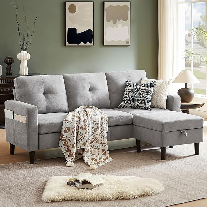 79 Convertible Sectional Sofa Small L Shaped 3 Seat Couch with Storage Chaise and Side Pocket Modern Linen Fabric Reversible Sofa Couches for Living Room Apartment and Small Space