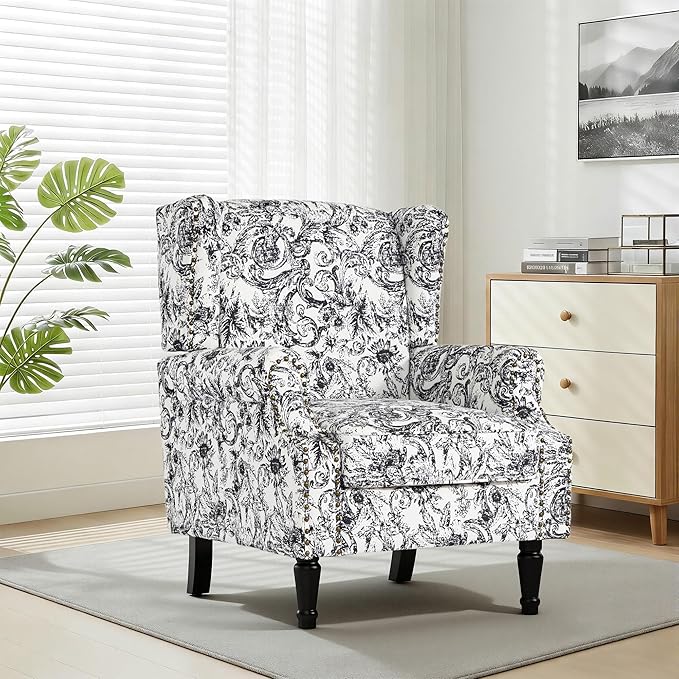 Wingback Chair High Back Floral Accent Chair in Fabric Comfy Upholstered Armchair with Nailhead Trim for Living Room Single Sofa Reading Chair for Small Spaces Bedroom-Rococo Black