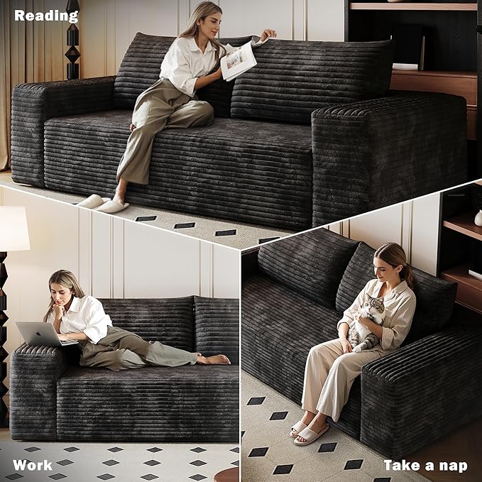 71 W Corduroy Boneless Couch 3-Seater Compression Sofa with Deep Seat No Assembly Required Comfy Loveseat Sofa with 2 Pillows Sofa Couches for Living Room/Apartment (Black 71 inch) | Breathable