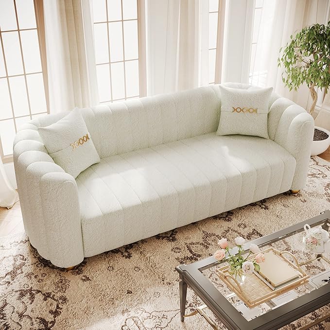 83.46 Fabric Couch for Living Room Cute Modern Sofa with Gold Metal Sphere Legs Upholstered Comfy 3 Seater Couch (Teddy Cream White)