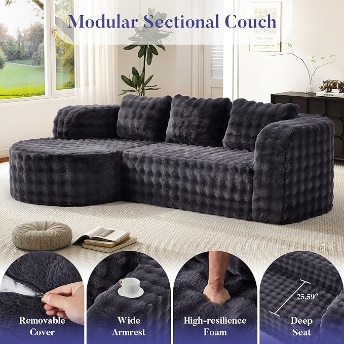 Hobestluk 96 Cloud Sectional Couch Modern Boneless Couch 3 Seater with Oversized Chaise L Shaped Modular Sofa Couches for Living Room Apartment No Assembly Required (Bubble Grey Left Facing Chaise)