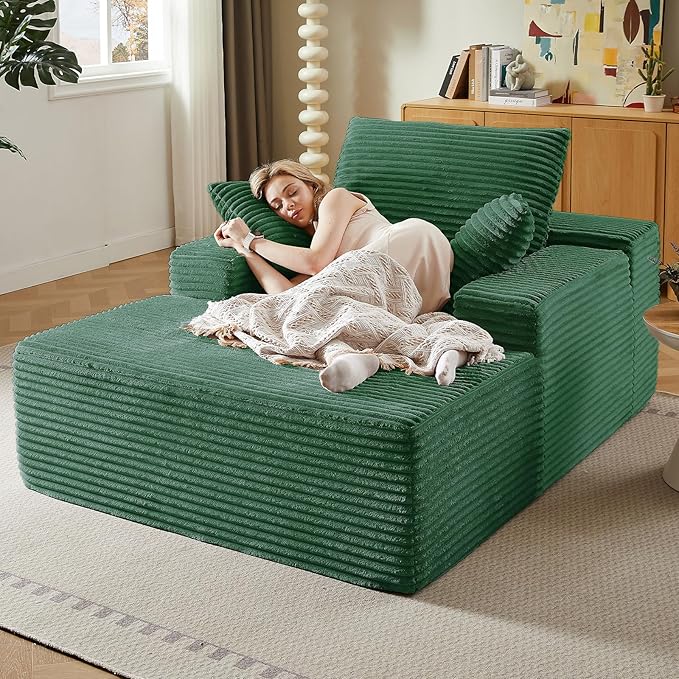 50 Oversized Chaise Lounge Chair IndoorCorduroy Boneless Reading Chair with 3 PillowsDeep Seat Cloud Sofa BedComfy Modern Sleeper Chairs in Box for Living Room BedroomNo Assembly(Green)