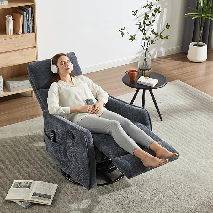 PELUMY 360 Swivel Rocking Recliner Chair for Adults Nursery Rocking Chair with Heat and Massage Glider Reclining Chair for Small Space Living Room Bedroom (Chenille Blue Grey)