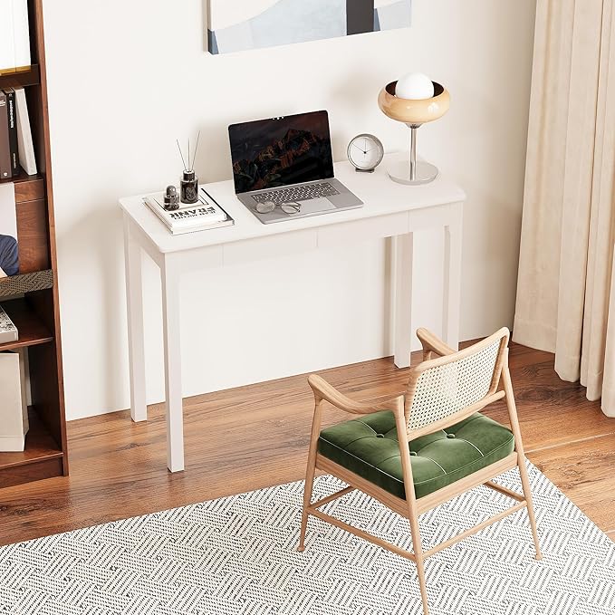 Solid Wooden Desk with Drawers - 39 x 16 Inch Modern Narrow Desks Rubberwood Simple Study Table Small Writing Desk for Bedroom|Small Spaces - White Desks