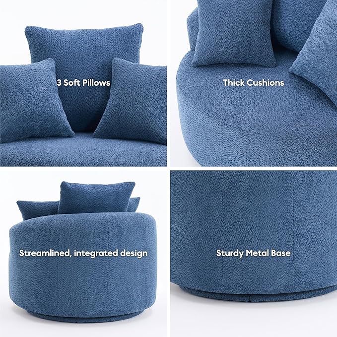 Yoglad 38.58'' Swivel Round Chair Comfy Boucle 360° Accent Chair with Thick Cushion Oversized Modern Single Sofa with 3 Pillows Soft Armchair for Nursery Living Room Bedroom Office (Blue)