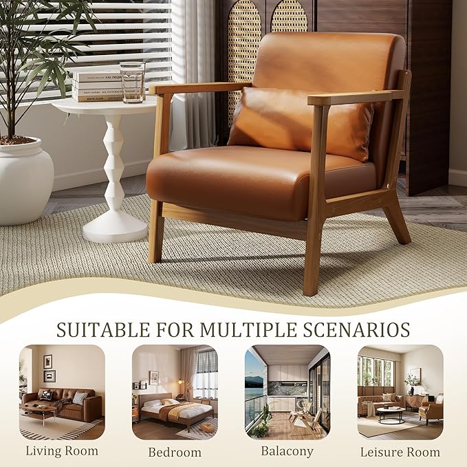 Accent Chair and Ottoman Set Mid-Century Modern Faux Leather Armchair with Solid Wood Frame for Living Room Bedroom Balcony Brown