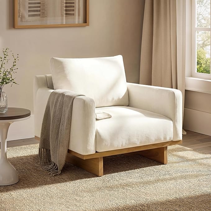 Christopher Knight Home Modern Minimalist Accent Chair with Solid Wood Frame Soft Cushions Spacious Seat Living Room Bedroom Reading Chair Beige