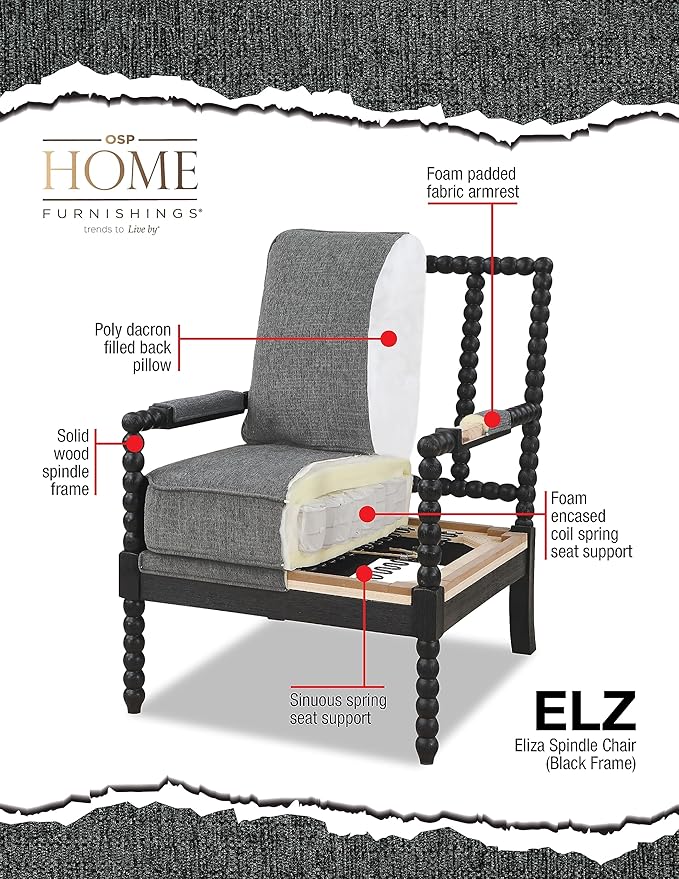 OSP Home Furnishings Eliza Spindle Accent Chair Linen Fabric with Black Wood