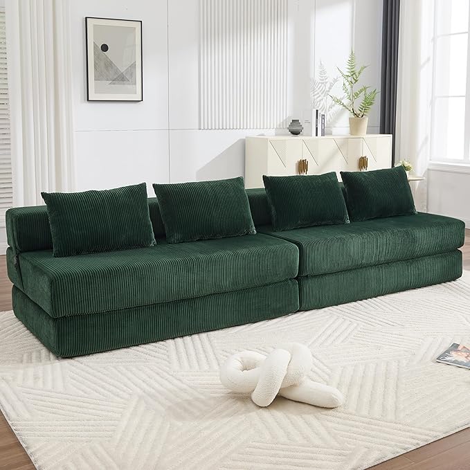 GNIXUU Fold Out Couch 3-in-1 Convertible Futon Sofa Bed with 2 Pillows Corduroy Foldable Floor Chair Boneless Loveseat Couches for Living Room Bedroom Small Spaces Green