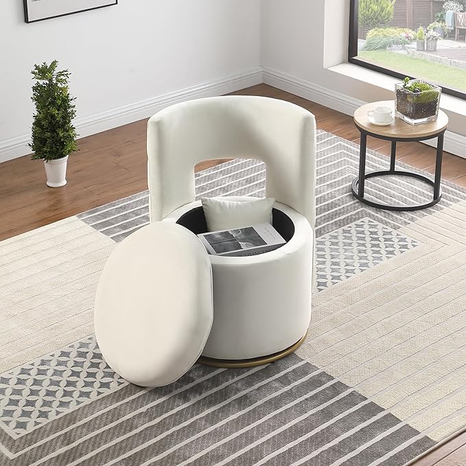 Swivel Barrel Chair 360° Swivel Vantiy Chair with Storage Modern Small Round Swivel Chair Velvet Curved Chair Accent Chair for Living Room Bedroom (Beige-Round)