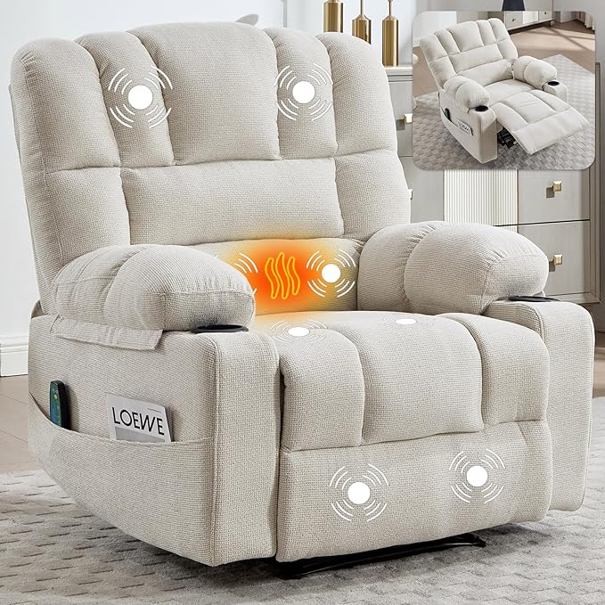 Massage Recliner Chair with Heat Beige Recliner Chair with Cup Holder for Adults Manual Reclining Chairs Large &amp Oversized Recliners for Living Room Fabric Heavy Duty (Beige)