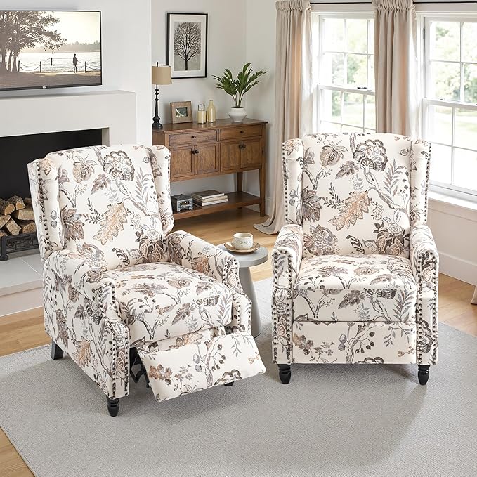 Wingback Recliner Chair Floral Fabric Pushback Recliner Chair Upholstered Armchair Push Back Recliner Rivet Trim Single Sofa Accent Chair with Wood Legs for Living Room Plants Beige
