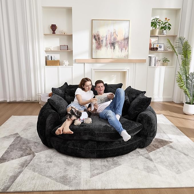 81 Round Sofa Bed Big Bean Bag Round Chaise Lounge Oversized Round Couch Boneless Reading Chair Plush Fluffy Chenille Large Chaise Chair for Living Room Bedroom Apartment Black