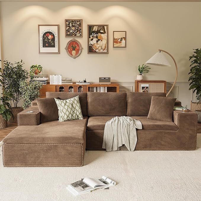 Homall 109 Boneless Couch with Memory Foam Modular Sectional Sofa with L-Shape Chaise Cloud Couch with Deep Seat Dual Cup Holders &amp Side Pockets No Assembly Required (Brown)