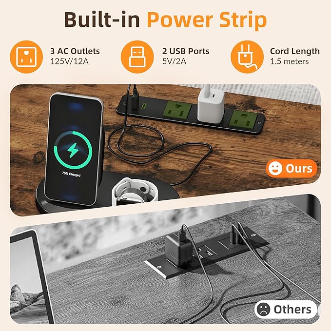 YOSHOOT 60 Computer Desk with 5 Fabric Drawers - Gaming Desk with Storage and Power Outlets Home Office Desk for Adults and Teenagers Working Writing Study Rustic Brown