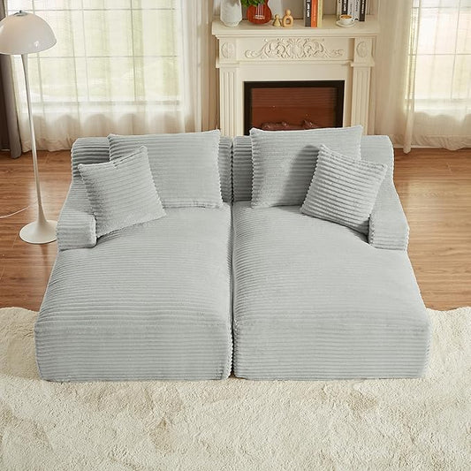 Oversized Double Chaise Lounge Chair Indoor Fluffy Upholstered Corduroy Sofa Bed with Throw Pillows Comfy Sleeper Deep Seat Sectional Loveseat Sofa Couch for Living Room (Light Gray)