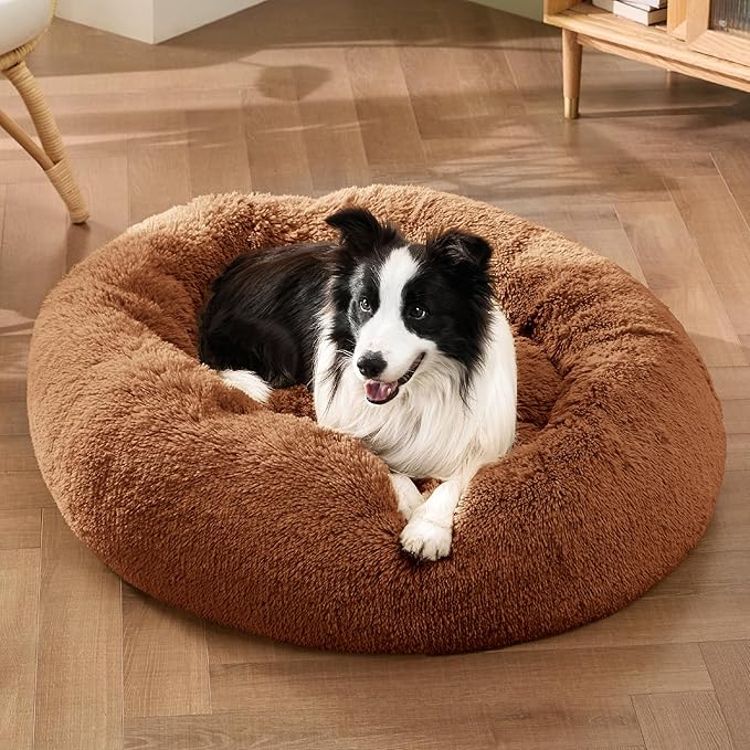 Bedsure Calming Dog Bed for Large Dogs - Donut Washable Large Pet Bed 36 inches Anti-Slip Round Fluffy Plush Faux Fur Dog Bed Fits up to 80 lbs Pets Copper