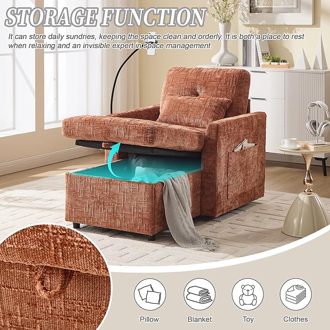 32 Comfy Chaise Lounge Sofa Bed Chair with Storage Side Pockets Phone Holder &amp 2 Pillows Modern Chenille Upholstered Sleeper Sofa Leisure Chair for Living Room Bedroom Small Spaces (Orange)