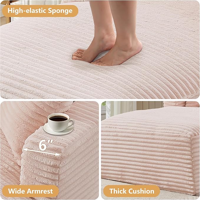 Oversized Chaise Lounge Chair Indoor Modern Corduroy Lounge Couch Comfy Upholstered Sleeper Sofa with Throw Pillows Fluffy Reading Chair Bed for Living Room Pink