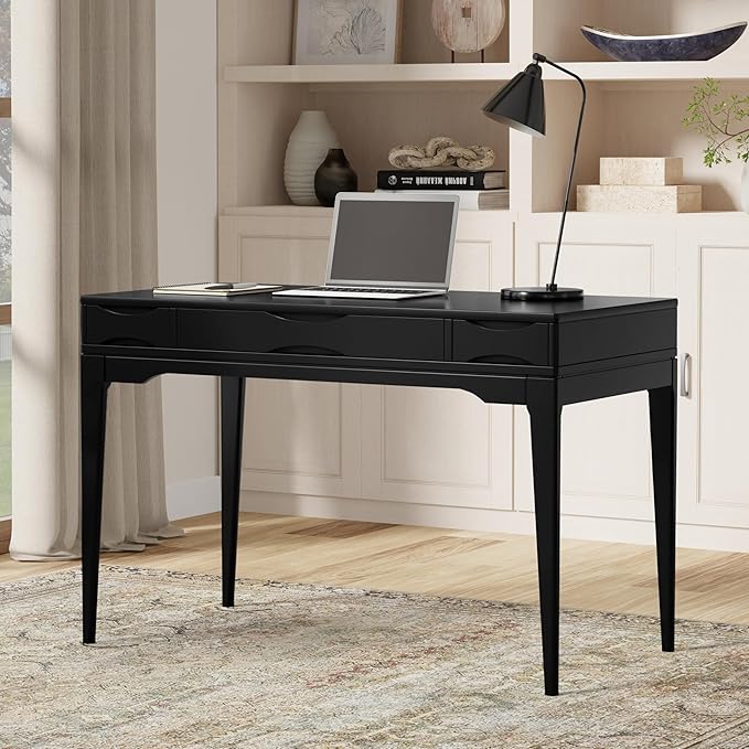 SIMPLIHOME Harper Small Desk - 48 inch Wide Solid Hardwood Writing Desk in Black Mid-Century Modern Home Office Table for Study or Work with 2 Drawers and Flip-Down Keyboard Tray
